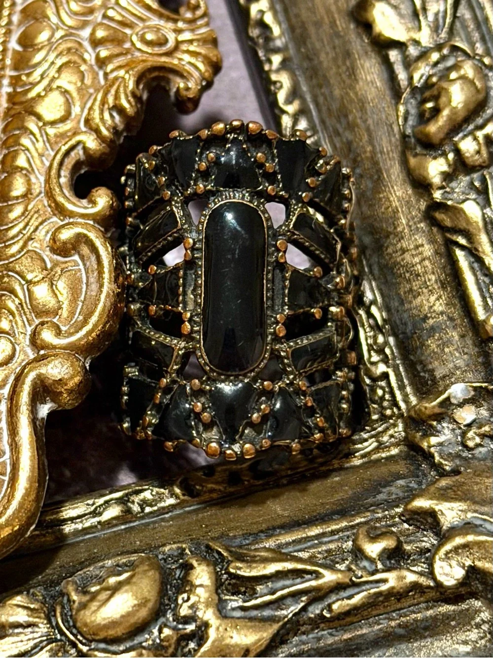VINTAGE • Rose Gold Filigree Black Antique Statement Ring